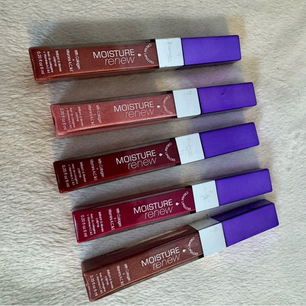 NWT RIMMEL moisture renew lip gloss set 5pc collagen coral pink red purple mauve